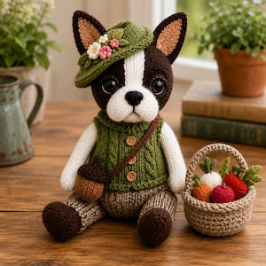 Puede incluir: Un peluche tejido que representa a un perro Boston Terrier, con un sombrero verde decorado con pequeñas flores, un chaleco verde de punto trenzado con tres botones de madera y un bolso marrón con forma de bellota. A su lado hay una pequeña cesta tejida con verduras de punto.