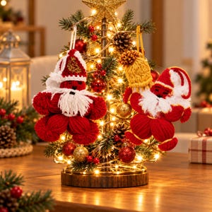 Könnte beinhalten: Ein kleiner künstlicher Weihnachtsbaum, geschmückt mit warmweißer Lichterkette, goldenen und roten Kugeln sowie Tannenzapfen. Zwei gehäkelte Weihnachtsmann-Anhänger aus roter und weißer Wolle hängen an den Zweigen, einer trägt eine gelbe Mütze.