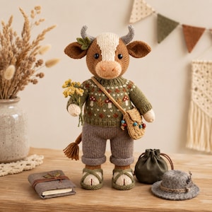 May include: A knitted stuffed cow toy wearing a green jumper with a mushroom pattern, brown trousers, and sandals. The cow holds a small bouquet of yellow flowers and carries a tan crossbody bag with colourful beads. A grey hat sits nearby.