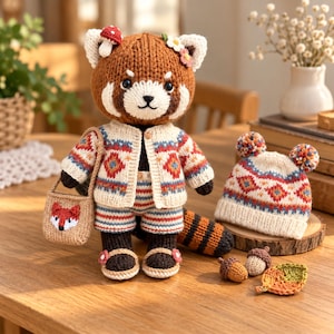 May include: A knitted red panda plush toy wearing a patterned cardigan and shorts, featuring a small mushroom and flower on its head. It carries a tan bag with a fox face and is accompanied by a matching beanie with two pom-poms, two acorns, and a leaf.