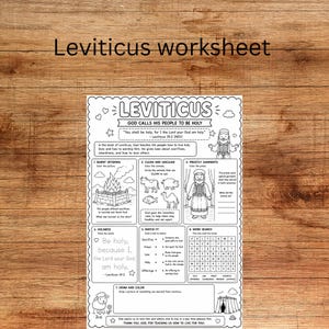 May include: A black and white educational worksheet titled Leviticus God Calls His People To Be Holy. The page features seven sections including activities like colouring, matching, and a word search, with illustrations of a priest, animals, and an altar.