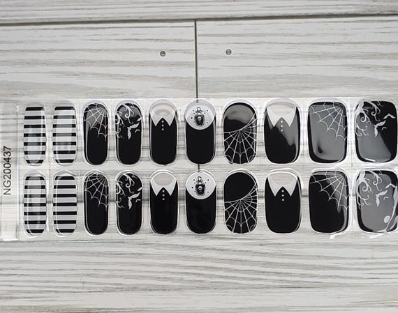 Wednesday adams semi cured gel Nails, 100% nail polish stickers, nail strips, nail decals, nail art, halloween nail, nail polish strips