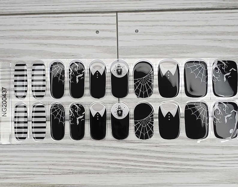 Wednesday adams semi cured gel Nails, 100% nail polish stickers, nail strips, nail decals, nail art, halloween nail, nail polish strips