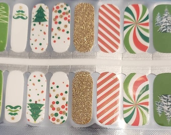 Christmas Swirl Nail Wraps, 100% nail polish stickers, nail strips, nail decals, nail art, santa nails, holiday nails, gold glitter nails