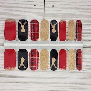 Gold Reindeer Nail Wraps, 100% nail polish stickers, nail strips, nail decals, nail art, holiday nails, glitter nails, plaid Reindeer nails