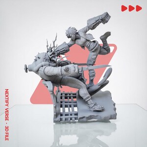 May include: A gray 3D printed resin figurine depicting a dynamic combat scene between two characters. One character is leaping with a mechanical gauntlet, while the other is crouched on a platform with a blade. Text reads NEXTIFY VERSE - 3D FILE.