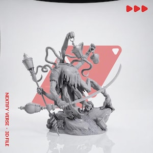 May include: A gray 3D printed miniature figure featuring a central creature with multiple limbs, holding several street lamps and a curved sword. The figure stands on a textured base. The text NEXTIFY VERSE - 3D FILE is printed vertically on the left side.