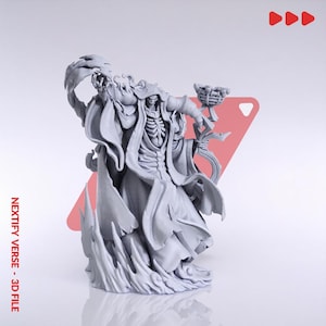 May include: A light gray 3D printed resin figurine of a skeletal figure in a hooded robe, featuring a ribcage chest, flowing garments, and a staff topped with a basket of skulls. The figure stands amidst swirling energy effects. Text reads NEXTIFY VERSE - 3D FILE.