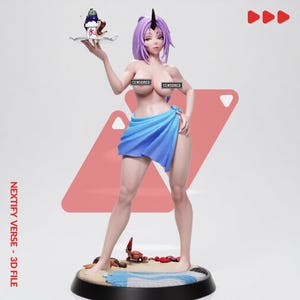 May include: A 3D figurine of a character with purple hair and a single horn, wearing a blue sarong. The figure holds a silver tray with a small dessert and stands on a sandy base with a crab. Text reads NEXTIFY VERSE - 3D FILE.