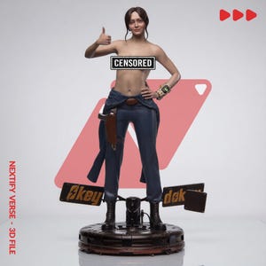 May include: A 3D figurine of a person with brown hair, wearing dark blue trousers, black boots, and a wrist-mounted device. The figure has a holster on the hip, gives a thumbs-up, and features a black rectangular bar with the text CENSORED.
