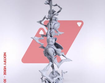 May include: A light grey 3D printed resin figurine of a warrior character in a dynamic leaping pose, holding a curved blade aloft. The figure is surrounded by swirling energy effects and stands on a textured base. Text reads NEXTIFY VERSE - 3D FILE.