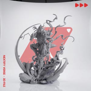May include: A gray 3D printed figurine of a dynamic creature with sharp claws and a segmented exoskeleton, surrounded by swirling smoke-like effects and rocky debris. The text NEXTIFY VERSE - 3D FILE is printed vertically on the left side.