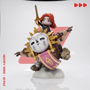 May include: A stylized figurine featuring a red-haired character holding a sword, riding atop a large creature with a white mask, gold sun-like rays, and a pink banner with gold symbols. The text NEXTIFY VERSE - 3D FILE is printed vertically.