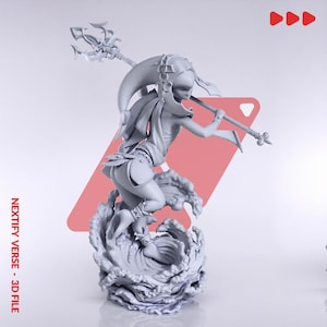 May include: A light gray 3D printed figurine of a character holding a trident, standing atop a sculpted wave base. The figure wears a pointed headpiece and layered clothing. The text NEXTIFY VERSE - 3D FILE is printed vertically on the left side.