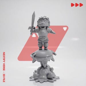 May include: A gray 3D printed figurine of a chibi-style warrior in plate armor holding a sword, standing atop a spherical base with a cloud-like pedestal. The text NEXTIFY VERSE - 3D FILE is printed vertically on the left side of the image.