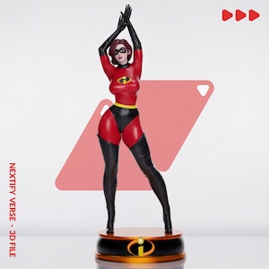 May include: A figurine of a female character wearing a red and black bodysuit with long black gloves and boots, a black eye mask, and a yellow belt. The character stands on a circular black and orange base with an orange logo. Text reads NEXTIFY VERSE - 3D FILE.