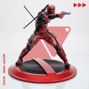 May include: A Deadpool action figure in a red and black suit, holding a silver handgun, with two katanas strapped to the back. The figure stands on a circular red and black base. Text on the side reads NEXTIFY VERSE - 3D FILE.