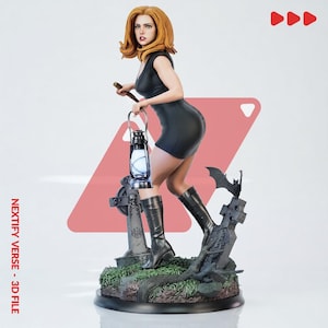May include: A figurine of a woman with shoulder-length ginger hair wearing a black sleeveless dress and black boots. She holds a lit lantern and a wooden staff while standing on a base featuring two grey tombstones and a small bat. Text reads NEXTIFY VERSE - 3D FILE.