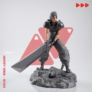 May include: A detailed figurine of a spiky-haired character wearing dark tactical gear and shoulder armor, holding a massive, oversized sword. The figure stands on a textured, rocky base with a small helmet piece, labeled NEXTIFY VERSE - 3D FILE.