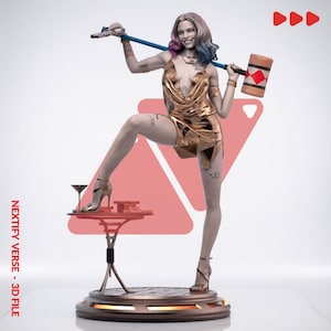 May include: A detailed figurine of a smiling character with multi-colored hair, wearing a metallic gold dress and high heels. The figure holds a large mallet over the shoulders and stands with one foot on a small table with a martini glass.