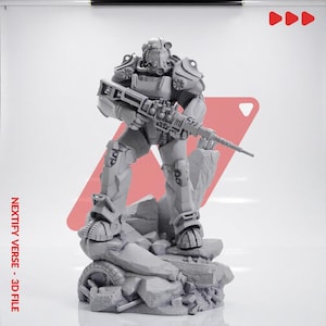 May include: A gray 3D printed figurine of a soldier in heavy power armor holding a long rifle, standing on a rocky debris base. The text NEXTIFY VERSE - 3D FILE is printed vertically in red on the left side, with three red triangles at the top.