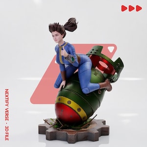 May include: A figurine of a character with brown hair in a ponytail, wearing a blue jumpsuit with yellow trim, sitting on a large green and red bomb. The figure is mounted on a brown gear-shaped base. Text on the side reads NEXTIFY VERSE - 3D FILE.