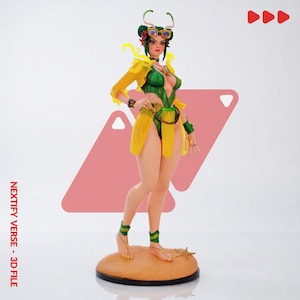 May include: A standing figurine of a character with green hair, antennae, and sunglasses, wearing a green bodysuit with a yellow translucent cape and skirt. The figure stands on a sandy base with a starfish, featuring the text NEXTIFY VERSE - 3D FILE.