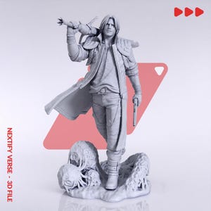 May include: A gray monochromatic 3D printed figurine of a male character with shoulder-length hair, wearing a long coat and pants, holding a sword over the shoulder and a handgun in the other hand, standing on a textured base with text NEXTIFY VERSE - 3D FILE.