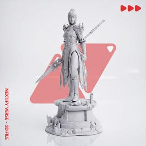 May include: A light gray 3D printed figurine of a warrior standing on a circular stone base. The figure wears ornate armor, holds a long spear with a sun-shaped emblem, and features the text NEXTIFY VERSE - 3D FILE on the side of the image.