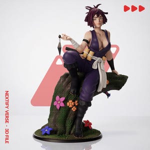 May include: A figurine of a character with short dark purple hair wearing a dark purple sleeveless outfit, white waist wrap, and black boots. The character sits on a mossy tree trunk decorated with small colorful flowers, holding a small black kunai.
