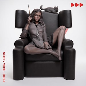 May include: A monochromatic brown figurine of a person sitting in a high-backed armchair, holding a wand and a book. A small cat figure rests on the chair back. The text NEXTIFY VERSE - 3D FILE is printed vertically in red on the left side.
