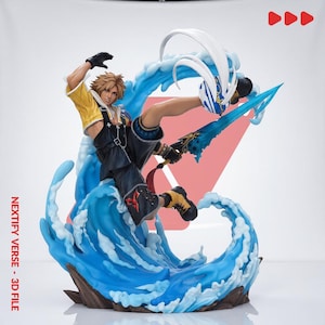 May include: A dynamic figurine of a spiky-haired character in a yellow shirt and black overalls, mid-air with a blue sword, surrounded by sculpted blue water waves. The text NEXTIFY VERSE - 3D FILE is printed vertically on the left side of the image.