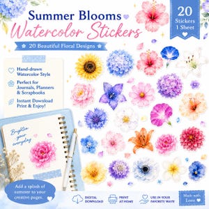 以下が含まれることがあります： ヒマワリ、アジサイ、ユリなどの様々な花を描いた20枚の水彩風花柄ステッカーセット。シートには「Summer Blooms」、「20 Stickers 1 Sheet」というテキストラベルや、デジタルダウンロードおよび印刷に関する説明が記載されています。