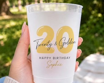 Personalized Birthday Cups, Custom Age Party Cups, Eighteen and Lovely 20th Birthday Favors, Frosted Milestone Party Drinkware for Her