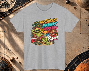 Funny Alien Beach T-Shirt | Retro 80s Comic Style, No Shoes No Shirt No Karens