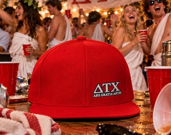Delta Tau Chi snapback pet met Griekse letters, geïnspireerd op Animal House, retro filmstijl