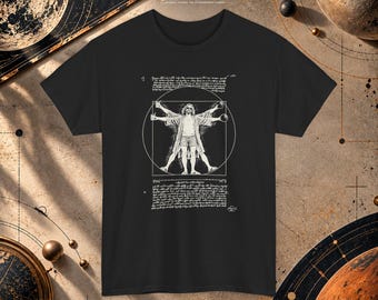 Het T-shirt "The Dude Abides", een parodie op de Vitruvian Man, een T-shirt geïnspireerd op The Big Lebowski, renaissancekunst, een grappig T-shirt met bowlingprint.