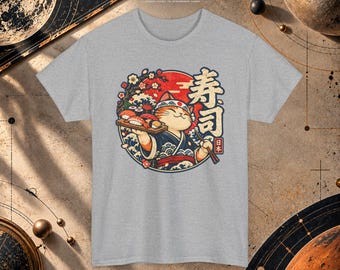 T-shirt met Japanse sushi-kat, vintage Japan T-shirt
