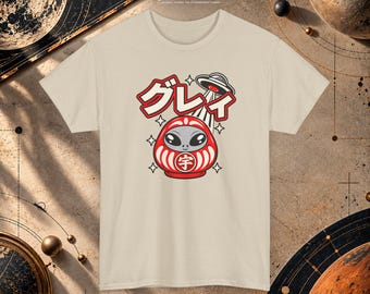 Koszulka z motywem UFO i Daruma Alien | Kawaii japońska maskotka (100% bawełna)