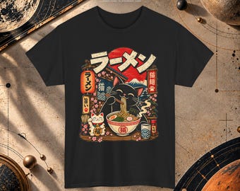 T-shirt met zwarte kat en ramenprint, vintage Japans anime T-shirt, schattig kattenprint T-shirt, retro Japans cadeau voor noedelliefhebbers