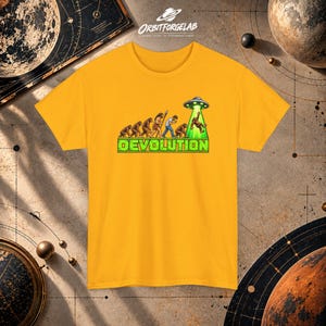 Devolution Alien Abduction T-Shirt, Retro Sci-Fi Evolution Parody Tee