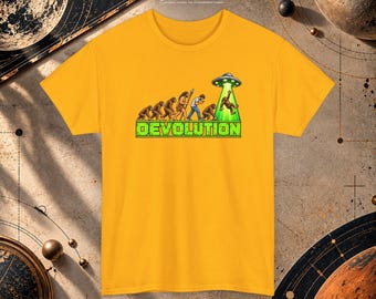 T-shirt met buitenaardse ontvoering en evolutie-thema, retro sciencefiction-parodie op een evolutie-T-shirt