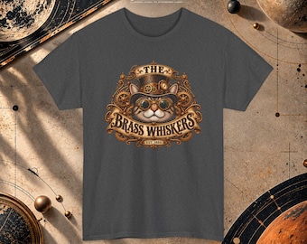 Steampunk kat met bril T-shirt | Het Brass Whiskers-embleem