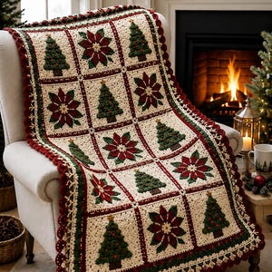 May include: A crocheted blanket featuring a grid of alternating square motifs. The squares display either a green Christmas tree with red ornaments or a red and green poinsettia flower on a cream background, bordered by dark red yarn.