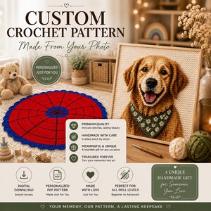 May include: A custom crochet pattern service advertisement featuring text that reads CUSTOM CROCHET PATTERN Made From Your Photo. The image displays a framed golden retriever portrait, a red and blue circular rug, and various crochet icons.