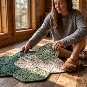 Puede incluir: Una alfombra de ganchillo compuesta por siete motivos hexagonales unidos en varios tonos de verde bosque, verde salvia y crema. La pieza geométrica presenta una construcción de hilo texturizado con un hexágono central crema rodeado de seis hexágonos verdes.