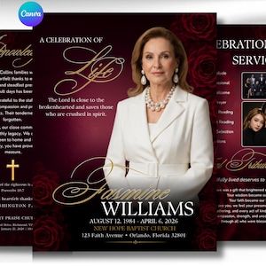 Puede incluir: Una plantilla de programa funerario con el retrato de una mujer con blazer blanco y collar de perlas, sobre un fondo burdeos profundo con rosas rojas. El texto incluye A CELEBRATION OF LIFE, JASMINE WILLIAMS y detalles del servicio.