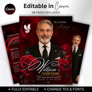 Può includere: Un modello di programma funebre con il ritratto di un uomo in abito nero, rose rosse e una colomba bianca. Il testo recita In Loving Memory, William Anderson, March 10, 1952 - May 18, 2026, New Hope Baptist Church e Forever In Our Hearts.