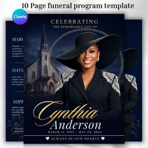 May include: A 10-page funeral program template featuring a dark blue background with a church illustration, a portrait of a person in a black hat and embellished blazer, and gold text reading Celebrating The Remarkable Life Of Cynthia Anderson.