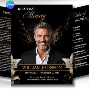 Puede incluir: Plantilla de programa funerario con el retrato de un hombre en traje sobre fondo negro, texto dorado In Loving Memory, William Jhonson, 14 de mayo de 1952 – 12 de noviembre de 2026, y New Hope Baptist Church, 2450 Faith Road, Atlanta, con lirios.